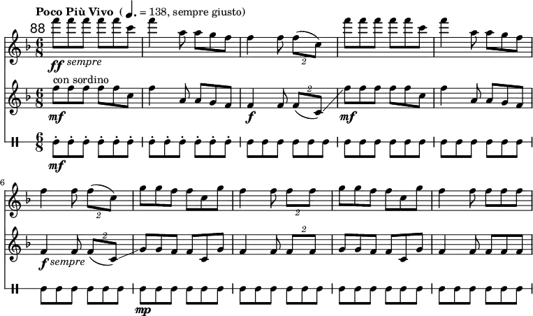 << \relative c''' \new Staff { \key f \major \clef "treble" \set Staff.midiInstrument = "clarinet" %\set Score.currentBarNumber = #120 \bar "" \mark \markup \sans 88 \set Score.tempoHideNote = ##t \tempo \markup { "Poco Più Vivo" \medium { " (" \note-by-number #2 #1 #1 "= 138, sempre giusto)" }} 4. = 138 \override TextScript #'X-offset = #3 \time 6/8 f8\ff_\markup \italic "sempre" f f f f c | f4 a,8 a g f | f4 f8 \times 3/2 { f( c) } | f' f f f f c | f4 a,8 a g f | f4 f8 \times 3/2 { f( c) } | \break g' g f f c g' | f4 f8 \times 3/2 { f f } | g g f f c g' | f4 f8 f f f | } \relative c'' \new Staff { \key f \major \clef "treble" \set Staff.midiInstrument = "muted trumpet" \time 6/8 f8\mf^\markup "con sordino" f f f f c | f4 a,8 a g f | f4\f f8 \times 3/2 { f( c)\glissando } | \override TextScript #'X-offset = #2 f'\mf f f f f c | f4 a,8 a g f | f4\f_\markup \italic "sempre" f8 \times 3/2 { f( c)\glissando } | g' g f f c g' | f4 f8 \times 3/2 { f f } | g g f f c g' | f4 f8 f f f | } \new DrumStaff \with { \override StaffSymbol #'line-count = #1 } { \set DrumStaff.drumStyleTable = #(alist->hash-table '((gui default #t 0))) \drummode { gui\mf-. gui-. gui-. gui-. gui-. gui-. | gui-. gui-. gui-. gui-. gui-. gui-. | \override Script #'stencil = ##f gui-. gui-. gui-. gui-. gui-. gui-. | gui-. gui-. gui-. gui-. gui-. gui-. | gui-. gui-. gui-. gui-. gui-. gui-. | gui-. gui-. gui-. gui-. gui-. gui-. | gui\mp-. gui-. gui-. gui-. gui-. gui-. | gui-. gui-. gui-. gui-. gui-. gui-. | gui-. gui-. gui-. gui-. gui-. gui-. | gui-. gui-. gui-. gui-. gui-. gui-. | } } >>