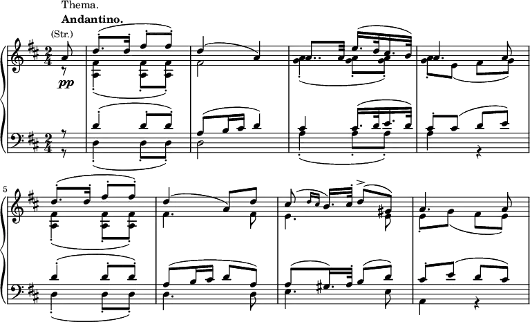 \new GrandStaff << \new Staff { \key d \major \time 2/4 \partial 8 \set Score.tempoHideNote = ##t \tempo "" 8 = 116 << \relative d''{ a8^\markup { \column {\line { Thema. } \line \bold { Andantino. } \line \center-align \smaller { (Str.) } } } d8.-.( d16-. fis8-. fis8-.) d4( a) a8.. a32 e'16.( d32 cis16. b32) a4. a8 d8.-.( d16-. fis8-. fis8-.) d4( a8) d8 cis8( \grace {d16 cis} b16.) cis32-. d8->( gis,8) a4. a8 } \\ \relative d'{r8 <fis a,>4-.( q8-. q8-.) fis2 <g a>4-.( q8-. q8-.) q8-. e( fis g) <fis a,>4-.( q8-. q8-.) fis4. fis8 e4. e8 e8-. g( fis e)} >> } \new Dynamics {s8\pp} \new Staff {\clef bass \key d \major \time 2/4 \partial 8 << \relative d' {r8 d4-.( d8-. d8-.) a8( b16 cis d4) cis cis16.( d32 e16. d32) cis8-. cis( d e) d4-.( d8-. d8-.) a8( b16 cis d8 a8) a8( gis16.) a32-. b8( d) cis-. e( d cis)} \\ \relative d {r8 d4-.( d8-. d8-.) d2 a'4-.( a8-. a8-.) a4 r4 d,4-.( d8-. d8-.) d4. d8 e4. e8 a,4 r4 } >> } >>