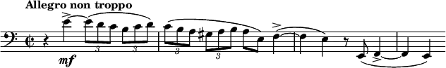 \relative c' \new Staff { \key a \minor \clef bass \set Staff.midiInstrument = "cello" \set Score.tempoHideNote = ##t \tempo "Allegro non troppo" 2 = 80 \time 2/2 \set tupletSpannerDuration = #(ly:make-moment 1 4) \set beamExceptions = #'((end . ( ((1 . 8) . (2 2 2 2)) ))) r4 e4\mf-> ~ \times 2/3 { e8( d c b c d) | c( b a gis a b } a e) f4->( ~ | f e) r8 e,( f4-> ~ | f e) }