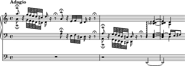 \new Score << \new PianoStaff << \new Staff \with { \magnifyStaff #3/4 } << \new Voice \relative c''' { \set PianoStaff.connectArpeggios = ##t \override Score.NonMusicalPaperColumn #'line-break-permission = ##f \tempo Adagio \voiceOne a8 \fermata \mordent b,32 \rest g'64 f e d cis32 d16 b \rest b8 \rest \fermata a \fermata \mordent b32 \rest e, f cis d16 b' \rest b8 \rest \fermata | s2. \oneVoice <bes, cis e>4 ~ \arpeggio <bes cis e>4 d } \new Voice \relative c'' { \voiceTwo a8 \fermata \mordent s32 g64 f e d cis32 d16 s8. s2 | s1 s4 a } >> \new Staff \with { \magnifyStaff #3/4 } << \new Voice \relative c' { \clef "bass" s2 a8 \fermata \mordent d,32 \rest e f cis d16 d \rest d8 \rest \fermata | \voiceOne a'8 \fermata \mordent d,32 \rest g64 f e d cis32 d16 d16 \rest d8 \rest \fermata d4 \rest <cis e g>4 ~ \arpeggio | <cis e g> ~ g'16 e fis8 } \new Voice \relative c { \voiceTwo s1 a8 \fermata \mordent s32 g64 f e d cis32 d16 s8. s2 | s4 d'4 } >> >> \new Staff \with { \magnifyStaff #3/4 } \relative c, { \clef "bass" R1 | r2 d ~ | d } >>