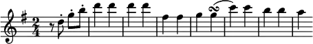 \layout { \set Score.tempoHideNote = ##t } \relative c'' { \key g \major \time 2/4 \partial 2 \set Staff.midiInstrument = "string ensemble 1" \tempo 2=108 r8 d-. g-.b-. | d4 d d d | fis, fis g g(\turn | c) c b b | a }