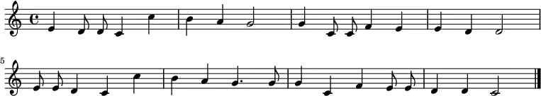  \new Staff << \clef treble \key c \major {       \time 4/4 \autoBeamOff        \relative c' {         e4 d8 d8 c4 c' | b a g2 | g4 c,8 c f4 e | e d d2 \break         e8 e d4 c c' | b4 a g4. g8 | g4 c, f e8 e | d4 d c2 \bar "|."       }     } >> \midi { \tempo 2 = 78 } 