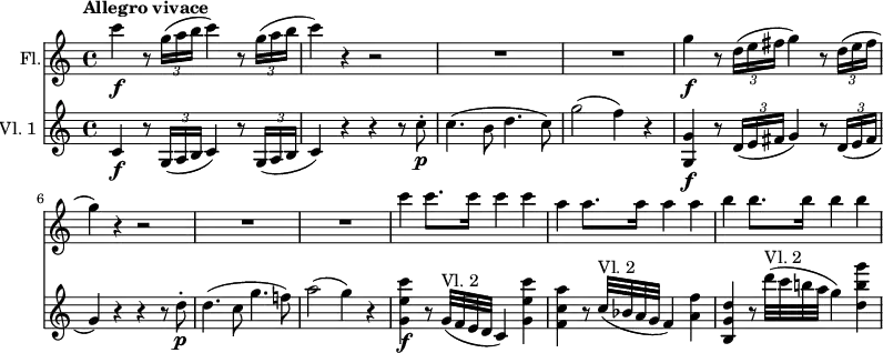 << \new Staff \with { instrumentName = #"Fl."} \relative c'' {   \key c \major   \set Score.tempoHideNote = ##t   \tempo "Allegro vivace" 4 = 140   \time 4/4   \set Staff.midiInstrument = "flute"   c'4\f r8 \times 2/3 { g16( a b } c4) r8 \times 2/3 { g16( a b } |   c4) r r2 | R1 | R1 |   g4\f r8 \times 2/3 { d16( e fis } g4) r8 \times 2/3 { d16( e fis } |   g4) r4 r2 | R1 | R1 |   c4 c8. c16 c4 c |   a4 a8. a16 a4 a |   b4 b8. b16 b4 b | } \new Staff \with { instrumentName = #"Vl. 1 "} \relative c'' {   \key c \major   \time 4/4   \set Staff.midiInstrument = "violin"   c,4\f r8 \times 2/3 { g16( a b } c4) r8 \times 2/3 { g16( a b } |   c4) r r r8 c'-.\p |   c4.( b8 d4. c8) |   g'2( f4) r |   <g, g,>4\f r8 \times 2/3 { d16( e fis } g4) r8 \times 2/3 { d16( e fis } |   g4) r r r8 d'-.\p |   d4.( c8 g'4. f!8) |   a2( g4) r |   <g, e' c'>\f r8 g32^"Vl. 2"( f e d c4) <g' e' c' > |   <f c' a'> r8 c'32^"Vl. 2"( bes a g f4) <a f'> |   <b, g' d'> r8 d''32^"Vl. 2"( c b! a g4) <d b' g'> | } >>