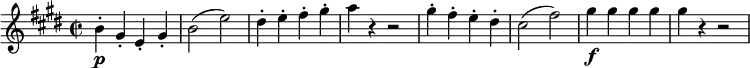  \relative b' {  \key e \major \time 2/2  \set Score.tempoHideNote = ##t \tempo 1 = 116  \set Staff.midiInstrument = "violin"  b4-.\p gis-. e-. gis-. |  b2(e) |  dis4-. e-. fis-. gis-. |  a4 r r2 |  gis4-. fis-. e-. dis-. |  cis2(fis) |  gis4\f gis gis gis |  gis r4 r2 | } 