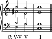 { #(set-global-staff-size 16) \override Score.TimeSignature #'stencil = ##f \new PianoStaff << \new Staff << \new Voice \relative c'' { \stemUp \clef treble \key c \major \time 4/4 c2 b c1 } \new Voice \relative c' { \stemDown fis2 d e1 } >> \new Staff << \new Voice \relative c' { \stemUp \clef bass \key c \major \time 4/4 a2 g g1 } \new Voice \relative c { \stemDown d2_\markup { \translate #'(-3.5 . 0) { "C: V/V" \hspace #0.6 "V" \hspace #5 "I" } } g c,1 \bar "||" } >> >> }
