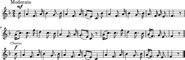    \relative c'' {     \language "english"     \key f \major     \time 2/4     \autoBeamOff     \partial 8     \mark "Moderato"     bf8^\mf |     a4 f8. a16 |     bf4 g8. bf16 |     a4 f8. a16 |     g8[( e)] c bf' |     a4 f8. a16 |     bf4 g8. bf16 |     a8. f16 g e8. |     f4. r8 |     a16([ c8.]) c8. f16 |     d4 c8. bf16 |     a4 f8. a16 |     g8.[( e16)] c8 r8 |     a'16[( c8.)] c8. f16 |     d4 c8. bf16 |     a16[( f8.)] g16 e8. |     f4 r8 \bar "||" \mark \markup { \small "Chorus" } bf8^\f |     a4 f8. a16 |     bf4 g8. bf16 |     a4 f8. a16 |     g8[( e)] c4 |     a'4 f8. a16 |     bf4 g8. bf16 |     a16[( f8.)] g16 e8.     f4 r8 \bar "|."   } 