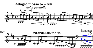 \header { tagline = ##f } \score { \new Staff \with{ \magnifyStaff #4/5 }{ \override Score.SpacingSpanner #'common-shortest-duration = #(ly:make-moment 1 2) \relative c'' { \key d \major \time 4/4 \partial 8*3 \override Score.MetronomeMark.font-size = #-1 \tempo "Adagio mosso" 4 = 60 \set Score.currentBarNumber = #154 \set Staff.midiInstrument = #"clarinet" fis8(^\markup{"Clarinet"} \ppp e d)^\markup{\italic "dolce possibile"} | b( \< a fis a) d4.( \p \> b8) a2 \ppp ~a8 fis'( e d) a( \< fis d fis) b4..( \p \> a16) a2 ~a8\pppp fis( e d) a2^\markup{\bold "ritardando molto"} ~a8 fis'( e d) a2\>\! ~a8 fis'(_\markup{\dynamic "ppppp" } e d) b( a fis d) \clef bass \set Staff.midiInstrument = #"bassoon" \override Stem.color = #(x11-color 'blue) \override NoteHead.color = #(x11-color 'blue) \override Beam.color = #(x11-color 'blue) %\override Slur.color = #(x11-color 'blue) %\override Script.color = #(x11-color 'blue) b8(^\markup{"Bassoon"}_\markup {\dynamic "pppppp" } a fis d)\fermata } } \layout {indent = 0\mm line-width = 90\mm} } \score { \new Staff{ \relative c'' { \key d \major \time 4/4 \partial 8*3 \set Staff.midiInstrument = #"clarinet" \tempo 4 = 57 fis8(\p e d) | b( \< a fis a) d4.( \f \> b8)\p \tempo 4 = 48 a2 ~a8 \tempo 4 = 57 fis'( e d) a( \< fis d fis) b4..( \f \> \tempo 4 = 48 a16)\p a2 ~a8 \tempo 4 = 57 fis(\p e d) \tempo 4 = 42 a2 ~a8 \tempo 4 = 48 fis'(\pp e d) \tempo 4 = 36 a2 ~a8 \tempo 4 = 40 fis' e d) \tempo 4 = 32 b( a \tempo 4 = 28 fis\pp \tempo 4 = 24 d) \clef bass \set Staff.midiInstrument = #"bassoon" b8( \ffff \tempo 4 = 22 a \tempo 4 = 20 fis \tempo 4 = 10 d) } } \midi {} }