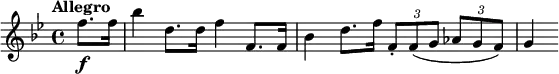 \relative c'' { \key bes \major \tempo "Allegro" \partial 4 f8.\f f16 bes4 d,8. d16 f4 f,8. f16 bes4 d8. f16 \times 2/3 {f,8-. f (g} \times 2/3 {as g f)} g4 }