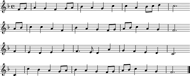 \new Staff << \clef treble \key f \major {       \time 4/4 \partial 4            \relative f' { 	f8 g | a4 g f g8 a | bes4 a g c | c a bes8 c d4 | c2. \bar"" \break         a8 bes | c4 c a f | bes a g f8 g | a bes c4 a g | f2. \bar"" \break         f4 | e d e g | f4. e8 d4 a' | g f e d | c2. \bar"" \break         c4 | c' bes a g8 a | bes4 a g f8 g | a bes c4 a g | f2. \bar"|."       }     } %\new Lyrics \lyricmode { %} >> \layout { indent = #0 } \midi { \tempo 4 = 86 }