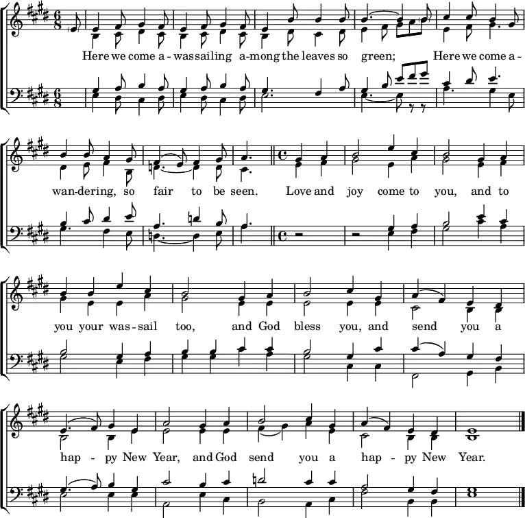  \header { tagline = ##f } \layout { indent = 0 \set Score.tempoHideNote = ##t   \context { \Score \remove "Bar_number_engraver" }   \context { \Voice \remove "Dynamic_engraver" } }  global = { \key e \major \time 6/8 \partial 8 }  soprano = \relative c' { \global \set midiInstrument = "soprano sax"   \parenthesize e8 | e4 fis8 gis4 fis8 | e4 fis8 gis4   fis8 | e4 b'8 b4 b8 | b4.~ b4   \parenthesize b8 | cis4 cis8 b4 gis8 | b4 b8 a4   gis8 | fis4 (e8) fis4 gis8 | \tempo 4. = 88 a4. \bar "||"   \time 4/4 \partial 2 \tempo 2 = 96 gis4 a | b2 e4 cis | b2   gis4 a | b b e cis | b2   gis4 a | b2 cis4 gis | a (fis) e   dis | e4. (fis8) gis4 e | a2   gis4 a | b2 cis4 gis | a (fis) e dis | e1 \bar "|." }  alto = \relative c' { \global \set midiInstrument = "alto sax"   s8 | b4\pp cis8 dis4 cis8 | b4 cis8 dis4   cis8 |b4 dis8 cis4 dis8 | e4 fis8 gis [a b] |   e,4 fis8 gis4. | dis4 e8 fis4   b,8 d4.~ d4 d8 | cis4. \bar "||"   e4 fis | gis2 e4 a | gis2   e4 fis | gis e e a | gis2   e4 e | e2 e4 e | cis2 b4   b | b2 b4 e | e2   e4 e | fis (gis) a e | cis2 b4 b | b1 \bar "|." }  tenor = \relative c' { \global \set midiInstrument = "tenor sax"   s8 | gis4\pp a8 b4 a8 | gis4 a8 b4   a8 | gis4. fis4 a8 | gis4 b8 e fis gis |   cis,4 dis8 e4. | b4 cis8 dis4   e8 | a,4. d4 b8 | a4. \bar "||"   r2 | r2 gis4 a | b2   e4 cis | b2 gis4 a | b4 b   cis cis | b2 gis4 cis | cis (a) gis   fis | gis4. (a8) b4 gis | cis2   b4 cis |d2 cis4 cis | a2 gis4 fis | gis1 \bar "|." }  bass = \relative c { \global \set midiInstrument = "baritone sax"   s8 | e4 dis8 cis4 dis8 | e4 dis8 cis4   dis8 | e2. | e4.~ e8 r8 r |   a4. gis4 e8 | gis4. fis4   e8 | d4.~ d4 e8 a4. \bar "||"   r2 | r2 e4 fis | gis2 cis4 a | gis2   e4 fis | gis gis   cis a | gis2 cis,4 cis | fis,2 gis4 b | e2 e4 e4 | a,2   e'4 cis | b2 a4 cis | fis2 b,4 b | e1 \bar "|." }  verse = \lyricmode {   " " Here we come a -- was -- sail -- ing   a -- mong the leaves so green;   "" Here we come a -- wan -- der -- ing,   so fair to be seen.      Love and joy come to you,   and to you your was -- sail too,   and God bless you, and send you   a hap -- py New Year,   and God send you a hap -- py New Year. }  \score {   \new ChoirStaff <<     \new Staff     <<       \new Voice = "soprano" { \voiceOne \soprano }       \new Voice = "alto" { \voiceTwo \alto }     >>     \new Lyrics \lyricsto "soprano" \verse     \new Staff \with { \consists "Merge_rests_engraver" }     <<       \clef bass       \new Voice = "tenor" { \voiceOne \tenor }       \new Voice = "bass" { \voiceTwo \bass }     >>   >>   \layout { }   \midi { \tempo 4.=104     \context { \Score midiChannelMapping = #'instrument }     \context { \Staff \remove "Staff_performer" }     \context { \Voice \consists "Staff_performer" }   } } 