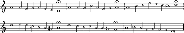 { \key c \major \time 64/2 \set Score.tempoHideNote = ##t \tempo 2=100 \set Staff.midiInstrument = "english horn" \omit Score.TimeSignature \override Score.BarNumber #'transparent = ##t a'1 a'2 f' g' a' f' e' d'1\fermata \bar "!" a'1 a'2 g' c'' a' f' g' a'1\fermata \bar "!" a' c''2 d'' f'' e'' d'' cis'' d''1\fermata \bar "!" d'' e''2 d'' c'' b' a' gis' a'1\fermata \bar "!" d'' c''2 b' c'' a' a' g' f'1\fermata \bar "!" a' bes'2 a' f' g' f' e' d'\breve\bar "|."}