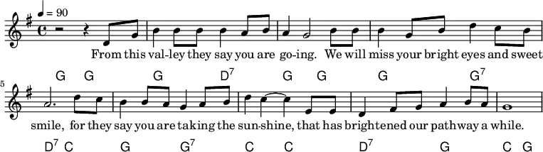 {\language "english" \new PianoStaff \transpose c c << \new Staff\relative c'{\set Staff.midiInstrument= #"reed organ" \clef treble \key g \major\time 4/4 \tempo 4=90 r2 r4 d8 g8 b4 b8 b8 b4 a8 b8 a4 g2 b8 b8 b4 g8 b d4 c8 b a2. d8 c b4 b8 a g4 a8 b d4 c4 ~c4 e,8 e8 d4 fs8 g8 a4 b8 a g1 } \addlyrics{From this val -- ley they say you are go -- ing. We will miss your bright eyes and sweet smile, for they say you are ta -- king the sun -- shine, that has bright -- ened our path -- way a while.} \new ChordNames {\chordmode {\clef treble g,2 g, g d:7 g, g, g g:7 d:7 c g g:7 c c d:7 g c g } }>>}