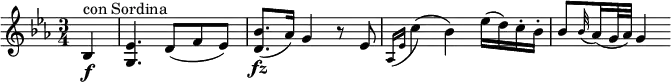 \relative bes { \key es \major \time 3/4 \partial 4 bes4 \f ^"con Sordina" | <es g,>4. d8( f es) | <bes' d,>8.( \fz as16) g4 r8 es \appoggiatura { as,16 es' } c'4( bes) es16( d) c-. bes-. | bes8 \appoggiatura bes32 as16( g32 as) g4 }