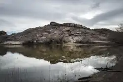 One of the large "tanks" in Hueco Tanks State Park & Historic Site in the low mountains above El Paso, Texas.