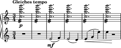 { \new PianoStaff << \new Staff \relative c'' { \set Staff.midiInstrument = #"piano" \key c \major \clef treble \time 3/4 \set Score.tempoHideNote = ##t \tempo "Gleiches tempo" 4 = 190 <c g' c g'>2. \p :16 | % 2 <c g' c g'>2. :16 | % 3 <c g' c g'>2. :16 | % 4 <c g' c g'>2. :16| % 5 <c g' c g'>2. :16 | % 6 <c g' c g'>2. :16 } \new Staff \relative e' { \set Staff.midiInstrument = #"piano" \key c \major \clef treble \time 3/4 R2.*2 | % 3 e2 \mf ( f4 ) | % 4 e2 ( d4 ) | % 5 e4 \< ( g4 e'4 ) | % 6 e4 r2 \! } >> }