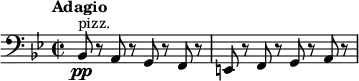 \relative c { \new Staff { \set Staff.midiInstrument = #"pizzicato strings" \key bes \major \clef bass \time 2/2 \set Score.tempoHideNote = ##t \tempo "Adagio" 2 = 20 bes8 \pp ^"pizz." r8 a8 r8 g8 r8 f8 r8 | e8 r8 f8 r8 g8 r8 a8 r8 | } }