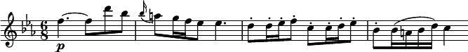 \relative a'' {  \key ees \major \time 6/8  \tempo "" \tempo 4 = 120 f4.~\p f8 d' bes \appoggiatura bes16 a8 g16 f ees8  ees4. d8\staccato d16\staccato ees\staccato f8\staccato c\staccato c16\staccato d\staccato ees8\staccato bes\staccato bes16 (a bes d) c4 }