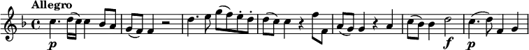 \relative c'' { \key f \major \tempo "Allegro" c4.\p d16 (c) c4 bes8 a g (f) f4 r2 d'4. e8 g (f) e-. d-. d (c) c4 r f8 f, a (g) g4 r a c8 (bes) bes4 d2\f c4.\p (d8) f,4 g }