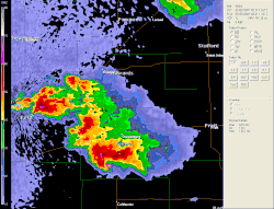 A radar image sequence of the tornado at EF5 intensity, marked as a purple and later red triangle, tracking towards Greensburg before lifting. A distinct hook echo is visible.