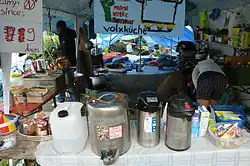 Improvised kitchen with water, coffee and tea dispensers