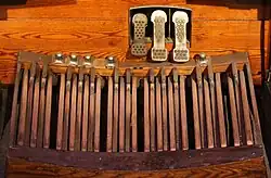 Casavant Frères view of the Pedalboard, Swell, Chorus and Crescendo Pedals and Toe Studs.