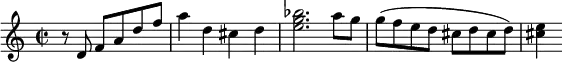 \relative c' {   \time 2/2 \partial 2.   r8 d8 f8^[ a8 d8 f8] |   a4 d,4 cis4 d4 |   <e g bes>2. a8 g8 |   g8( f8 e8 d8 cis8 d8 cis8 d8) |   <cis e>4    }