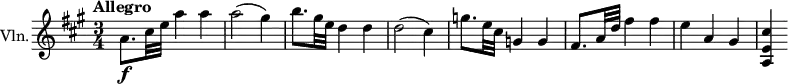 \relative c'' { \set Score.barNumberVisibility = #all-bar-numbers-visible % doesn't seem to work \override Score.NonMusicalPaperColumn #'line-break-permission = ##f \set Staff.instrumentName = "Vln." \tempo "Allegro" \key a \major \time 3/4 \bar "" a8.\f cis32 e a4 a | a2( gis4) | b8. gis32 e d4 d | d2( cis4) | g'8. e32 cis g4 g | fis8. a32 d fis4 fis | e4 a, gis | <cis e, a,> }