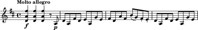 \relative c' { \set Staff.midiInstrument = #"string ensemble 1"   \set Score.tempoHideNote = ##t   \key d \major   \tempo "Molto allegro" 4 = 144   <d a' fis'>4\f q q r8 a\p |   d8 a fis' d e a, g' e |   fis8 d a' fis b( g) fis-. e-. |   d8 a fis' d e a, g' e | }