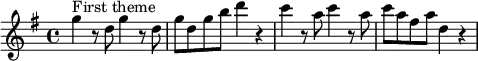 \layout { \set Score.tempoHideNote = ##t line-width = 12\cm } \relative c''' { \set Staff.midiInstrument = #"string ensemble 1" \tempo 4 = 148 \key g \major \time 4/4 g4^"First theme" r8 d8 g4 r8 d8 | g8 d g b d4 r4 | c4 r8 a8 c4 r8 a8 | c8 a fis a d,4 r4 | }