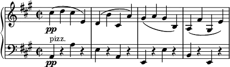 { \new PianoStaff << \new Staff \relative cis'' { \set Staff.midiInstrument = #"piano" \key a \major \clef treble \time 2/2 \set Score.tempoHideNote = ##t \tempo 2 = 90 cis4 \pp ( d4 cis4 e,4 ) | % 2 d4 ( b'4 cis,4 a'4 ) | % 3 gis4 ( a4 gis4 b,4 ) | % 4 a4 ( fis'4 gis,4 e'4 ) } \new Staff \relative a, { \set Staff.midiInstrument = #"piano" \key a \major \clef bass \time 2/2 a4 \pp ^"pizz." r4 a'4 r4 | % 2 e4 r4 a,4 r4 | % 3 e4 r4 e'4 r4 | % 4 b4 r4 e,4 r4 } >> }