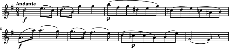 \relative c' { \key g \major \time 3/4 \tempo "Andante" \tempo 4 = 60 d'2\f e8. (c16) d8. (b16) g'4 g b8\p (fis g dis e g) cis,8 (d e c ais b) a8.\f (a'16) a4. (g8) g8. (fis16) fis4. (e8) d (cis\p c a) b (e) g,2 (fis8) r8 } 