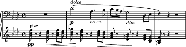 { \new PianoStaff << \new Staff \relative des' { \set Staff.midiInstrument = #"piano" \key aes \major \clef bass \time 4/4 \set Score.tempoHideNote = ##t \tempo 4 = 54 R1 | % 2 des2 \p ^\markup{ \italic {dolce} } ( as4. _\markup{ \italic {cresc.} } bes8 | % 3 c8 bes16 as16 ges2 _\markup{ \italic {dim.} } des8 es8 | % 4 f4 ) r4 r2 } \new Staff \relative as' { \set Staff.midiInstrument = #"piano" \key aes \major \clef treble \time 4/4 <as c f>8 \pp ^"pizz." r8 r4 <g c es>8 \< r8 <as c f>8 <g c es>8 | % 2 <bes des ges>8 r8 \! <as des f>8 r8 r4 <as c es>8 \> <f bes des>8 | % 3 <f as c>8 r8 <des ges bes>8 r8 \! r4 <des f as>8 <bes es ges>8 | % 4 <a c f>8 r8 r4 r2 } >> }