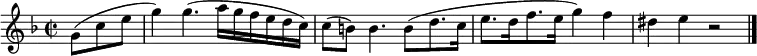 \relative c'' { \time 2/2 \time 2/2 \key f \major \partial 4. g8( c e | g4) g4.( a16 g f e d c) | c8( b) b4. b8( d8. c16 | e8. d16 f8. e16 g4) f | dis4 e r2 | \bar "|." }