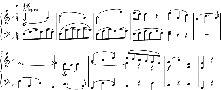 \header { tagline = ##f } upper= \relative c' { \clef treble \key f \major \time 3/4 \tempo 4 = 140 \set Staff.midiInstrument = #"piano" f2\p^\markup { Allegro } (a4) c2 (a4) bes2 (g'4) f8 (e) e4 r4 f4 (a, d) g, (c4. a8) << {s2. g2.} \\ { \stemUp f2.~ \stemDown f4 e8\trill (d e4)} >> % attention les liaisons de tenues sont avec ~, celle de phrasé avec () <<{a4^(bes d) d8 (c bes a g f)} \\ { f2.~ f4 r4 r4 } >> % même problème liaison = ~ ; phrasé = () g4\f (bes) <bes, e> <a f'> r4 } lower=\relative c { \set Staff.midiMaximumVolume = #0.7 \clef bass \key f \major \numericTimeSignature \time 3/4 f8 (a c a c a) f8 (c' ees c ees c) f,8 (bes d bes d bes) f8 (g bes g bes g) <f a>4 r4 r4 R2. f4 (a, d) g, c4. (a8) f4 (d' bes) a4 r4 d bes r4 c f, r4 } \score { \new PianoStaff << \new Staff = "upper" \upper \new Staff = "lower" \lower >> \layout { indent = 0 } \midi { } }