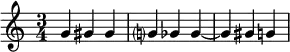 { \relative c'' { \time 3/4 g4 gis gis | g? ges ges~ | ges gis g } }