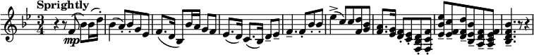 \new Staff { \key bes \major \time 3/4 \clef treble \set Staff.midiInstrument = #"clarinet" \tempo Sprightly 4 = 92 \set Score.tempoHideNote = ##t | r4 r8 f'8(\mp bes'8) bes'16( d''16-.) | bes'4( a'8-.) bes'-. g'8 ees' | f'8.( d'16 bes8) bes'16 a' g'8 f' | ees'8.( d'16) c'8.( bes16) d'8-- ees'-- | f'4.-- f'8-. bes'8-. bes'-. | ees''4->( c''8) c'' <<d''8 f'>> <<g'8 bes'>> | <<f'8. a'>> <<ees'16 g'>> <<d'8-. f'>> <<c'-. ees'>> <<f8-. bes d'>> <<f-. c' f'>> | <<ees'8-- bes' ees''>> <<ees'-- f' c''>> <<d'-- f' d''>> <<bes-- ees' bes'>> <<a-- d' f'>> <<a-- c' ees' f'>> | <<bes4.-- d' f' bes'>> r8 r4 }