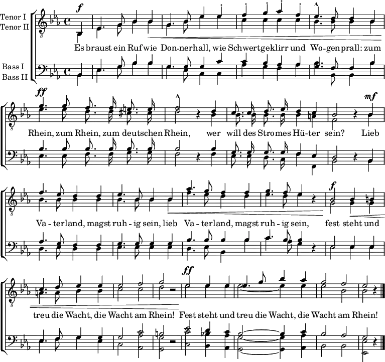 % From https://archive.org/details/GreefMliederH9Aufl6Essen1869/page/n3/mode/1up % Wilhelm Greef: Männerlieder, alte und neue, für Freunde des mehrstimmigen Männergesanges. 9. Heft, 6. (Stereotyp-) Auflage, Bädeker, Essen 1869 \header { tagline = ##f } \layout { \context { \Score \remove "Bar_number_engraver" } }  global = { \key es \major \time 4/4 \partial 4 }  tenorOne = \relative c { \global \autoBeamOff   bes4^\f | es4. g8 bes4 bes\< | g4. bes8 es4   es-. | f4-. g-. as-. f-. | es4.-^ d8 d4   bes | g'4.^\ff g8 f8. f16 e8. e16 | f2-^ r4   d4 | c8. c16 d8. es16 d4 c | bes2 r4   bes^\mf | f'4. es8 d4 d | es4. bes8 bes4   bes\< |aes'4. g8 f4 f | g4. f8 es4 r |   bes2^\f bes4\< b | c4. d8 es4 es| es2 f | g2 r2 |   es2^\ff es4 es | es4. g8 bes4 as | g2 f | es2 r4 \bar "|." }  tenorTwo = \relative c { \global \autoBeamOff   bes4 | es4. g8 bes4 bes | g4. bes8 es4   es | c c c c | bes4. bes8 bes4   bes | es4. es8 d8. d16 cis8. cis16 | d2 r4   bes4 | bes8. bes16 bes8. bes16 bes4 a | f2 r4   bes4 | bes4. bes8 bes4 bes | bes4. bes8 bes4   bes | f'4. es8 d4 d | es4. d8 es4 r |   g,2 g4 g | a4. a8 bes4 bes | c2 c | d r2 |   es2 es4 es | es2~ es4 es | es2 bes | bes r4 \bar "|." }  bassOne = \relative c { \global \autoBeamOff   bes4 | es4. g8 bes4 bes | g4. \hide DynamicText g8\p g4   c | c bes as as | g4. f8 f4   bes | bes4. bes8 bes8. bes16 bes8. bes16 | bes2 r4   bes | g8. g16 g8. g16 f4 es | d2 r4   bes4 | as'4. g8 f4 f | g4. g8 g4   g4 | bes4. bes8 bes4 bes | c4. bes8 bes4 r4 |   es,2 es4 es | es4. f8 g4 g | g2 c | b r2 |   es d4 c | bes2~ bes4 c | bes2 as | g2 r4 \bar "|." } bassTwo = \relative c { \global \autoBeamOff   bes4 | es4. g8 bes4 bes | g4. \hide DynamicText es8\p c4   c | as' g f as | bes4. bes,8 bes4   bes' | es,4. es8 f8. f16 g8. g16 | f2 r4   f4 | es8. es16 d8. c16 f4 f, | bes2 r4   bes4 | d4. es8 d4 d | es4. es8 es4   es | d4. es8 bes4 bes' | c4. as8 g4 r |   es2 es4 es | es4. f8 g4 es | c2 <as' as,> | <g g,> r2 |   <c c,> <bes! bes,>4 <as as,> | <g g,>2~ <g g,>4 <as as,> | bes,2 bes | <es es,> r4 \bar "|." }  verse = \lyricmode {   Es braust ein Ruf wie Don -- ner -- hall,   wie Schwert -- ge -- klirr und Wo -- gen -- prall:   zum Rhein, zum Rhein, zum deu -- tschen Rhein,   wer will des Stro -- mes Hü -- ter sein?   Lieb Va -- ter -- land, magst ruh -- ig sein,   lieb Va -- ter -- land, magst ruh -- ig sein,   fest steht und treu die Wacht, die Wacht am Rhein!   Fest steht und treu die Wacht, die Wacht am Rhein! }  \score {   \new ChoirStaff <<     \new Staff \with {       \consists "Merge_rests_engraver"       midiInstrument = "trumpet"       instrumentName = \markup { \column { "Tenor I" \line { "Tenor II" } } }     } <<       \clef "treble_8"       \new Voice = "tenor1" { \voiceOne \tenorOne }       \new Voice = "tenor2" { \voiceTwo \tenorTwo }       >>     \new Lyrics \with { \override VerticalAxisGroup #'staff-affinity = #CENTER }       \lyricsto "tenor1" \verse     \new Staff \with {       \consists "Merge_rests_engraver"       midiInstrument = "trombone"       instrumentName = \markup { \column { "Bass I" \line { "Bass II" } } }     } <<       \clef bass       \new Voice = "bass1" \with { \remove Dynamic_engraver } { \voiceThree \bassOne }       \new Voice = "bass2" { \voiceFour \bassTwo }       >>   >>   \layout { }   \midi { \tempo 4=102 } }
