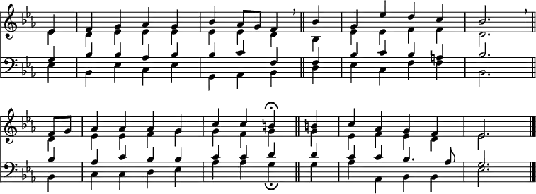 << << \new Staff { \clef treble \time 4/4 \partial 4 \key es \major \set Staff.midiInstrument = "flute" \omit Staff.TimeSignature \set Score.tempoHideNote = ##t \override Score.BarNumber  #'transparent = ##t   \relative c'   << { es4 | f g as g | bes as8 g f4 \breathe \bar"||" bes | g es' d c | bes2. \breathe \bar"||" \break   f8 g | as4 as as g | c c b\fermata \bar"||" b! | c as g f | es2. \bar"|." } \\   { es4 | d es es es | es es d bes | es es f f | d2.   d4 | es es f g | g f g g | es f es d | es2. } >> } \new Staff { \clef bass \key es \major \set Staff.midiInstrument = "flute" \omit Staff.TimeSignature   \relative c'   << { g4 | bes bes as bes | bes c f, f | bes c bes a | bes2.   bes4 | as c bes bes | c c d d | c c bes4. as8 | g2. } \\   { es4 | bes es c es | g, as bes d | es c f f | bes,2.   bes4 | c c d es | as as g\fermata g | as as, bes bes | es2. } >> } >> >> \layout { indent = #0 } \midi { \tempo 4 = 88 }