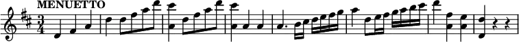 \relative c' { \set Score.tempoHideNote = ##t \tempo "MENUETTO" 4=130 \key d \major \time 3/4 d4 fis a d d8 fis a d <cis a,>4 d,8 fis a d <cis a,>4 a, a a4. b16 cis d e fis g a4 d,8 e16 fis g a b cis d4 <fis, a,> <e a,> <d d,> r r }