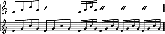  \relative c' << { \override Score.TimeSignature #'stencil = ##f } \time 4/4 \new staff { \repeat percent 2 { e8[ g c g] } | \repeat percent 4 { e16 g c g } \bar "||" } \new staff { e8 g c g e g c g | e16 g c g e g c g e g c g e g c g } >> 