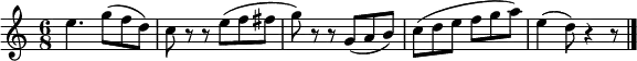 \relative c'' { \time 6/8 e4. g8( f d) | c8 r r e( f fis | g8) r r g,( a b) | c8( d e f g a) | e4( d8) r4 r8 | \bar "|." }