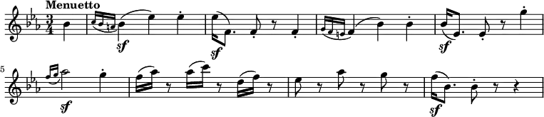 \relative a {  \key ees \major \time 3/4  \tempo "Menuetto" \tempo 4 = 145 \partial 4 bes'4 \acciaccatura { c16 bes a }bes4\sf (ees) ees\staccato ees16\sf (f,8.) f8\staccato r f4\staccato \acciaccatura { g16 f e } f4 (bes) bes\staccato  bes16\sf (ees,8.) ees8\staccato r8 g'4\staccato \acciaccatura { f16 g } aes2\sf g4\staccato  f16 (aes) r8 aes16 (c) r8 d,16 (f) r8  ees8 r aes r g r f16\sf (bes,8.) bes8\staccato r r4 }