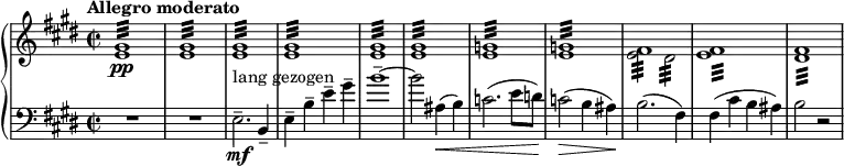 { \new PianoStaff << % This score generates several LilyPond warnings. \new Staff << \new Voice { \set Score.tempoHideNote = ##t \tempo "Allegro moderato" 2 = 60 \clef "treble" \key e \major \set Staff.midiInstrument = #"piano" \relative e \time 2/2 | % 1 s1*8 | % 9 \stemDown e'2 :32 dis'2 :32 s1*2 } % Warning: conflict with event: `tremolo-event' \new voice { \relative e % Warning: cannot create context: voice \clef treble | % 1 \stemUp <e' gis'>1 \pp :32 | % 2 <e' gis'>1 :32 | % 3 <e' gis'>1 :32 | % 4 <e' gis'>1 :32 | % 5 <e' gis'>1 :32 | % 6 <e' gis'>1 :32 | % 7 <e' g'>1 :32 | % 8 <e' g'>1 :32 | % 9 fis'1^ :32 | \barNumberCheck #10 % Warning: maybe input should specify polyphonic voices; Warning: adding note head to incompatible stem; Warning: discarding event: `tremolo-event' <e' fis'>1^ :32 | % 11 <dis' fis'>1 :32 } >> \new Staff \relative e { \set Staff.midiInstrument = #"piano" \key e \major \clef bass \time 2/2 R1*2 | % 3 e2. \mf ^"lang gezogen" -- b4 -- | % 4 e4 -- b'4 -- e4 -- gis4 -- | % 5 b1 ~ -- | % 6 b2 ais,4 \< ( b4 ) | % 7 c2. ( e8 d8 ) | % 8 c2 \! \> ( b4 ais4 ) | % 9 b2. \! ( fis4 ) | \barNumberCheck #10 fis4 ( cis'4 b4 ais4 ) | % 11 b2 r2 } >> }