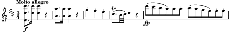 \relative c''' { \override Score.NonMusicalPaperColumn #'line-break-permission = ##f \tempo "Molto allegro" \key d \major \time 3/4 <d d, d,>8.\f <d d,>16 q4 r | <a a,>8. q16 q4 r | g4-. fis-. e-. | cis8.\trill( b32 cis) d4 r | d'8\fp( cis b a) a-. a-. | b8( a g fis) fis-. fis-. | }