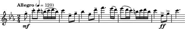  {   \new PianoStaff <<     \new Staff \relative c''' {       \tempo "Allegro" 4 = 120       \clef treble \key c \minor \time 2/4       \partial 8 g8-. \mf       c8-. c-. b16( c d b)       c4 es,8-- g--       bes4 f8-- d'-- f4. es16( d)       es8( d16 c) b c d b       c4 es,8-> \ff g->       c4.     }   >> } 