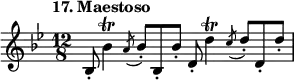 %etude17 \relative b { \set Staff.midiInstrument = #"violin" \time 12/8 \tempo "17. Maestoso" \key bes \major bes8-. bes'4 \trill \acciaccatura {a8} bes8-. bes,-. bes'8-. d,8-. d'4 \trill \acciaccatura {c8} d8-. d,8-. d'8-. }