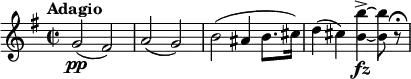 \relative c'' { \tempo "Adagio" \key e \minor \time 2/2 g2\pp (fis) | a (g) | b (ais4 b8. cis16) | d4 (cis) <b b'>->~\fz <b b'>8 r\fermata }