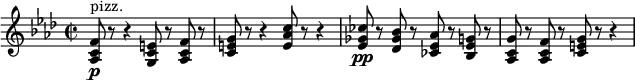\relative c' { \new Staff { \set Staff.midiInstrument = #"pizzicato strings" \key f \minor \clef treble \time 2/2 \set Score.tempoHideNote = ##t \tempo 2 = 50 <as c f>8 ^"pizz." \p r8 r4 <g c e>8 r8 <as c f>8 r8 | <c e g>8 r8 r4 <e as c>8 r8 r4 | <es ges ces>8 \pp r8 <des ges bes>8 r8 <ces es as>8 r8 <bes es g>8 r8 | <as c g'>8 r8 <as c f>8 r8 <c e g>8 r8 r4 | } }