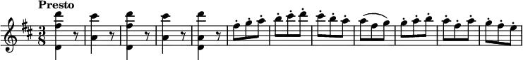 \relative c''' { \set Score.tempoHideNote = ##t \tempo "Presto" 4=175 \key d \major \time 3/8 <d fis, d,>4 r8 <cis a,>4 r8 <d fis, d,>4 r8 <cis a,>4 r8 <d a, d,>4 r8 fis,8-. g-. a-. b-. cis-. d-. cis-. b-. a-. a( fis g) g-. a-. b-. a-. fis-. a-. g-. fis-. e-. }