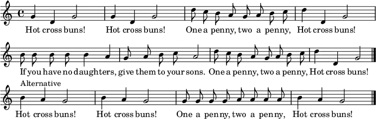  \layout { \context { \Score \remove "Bar_number_engraver" } } \relative c'' { \tempo 4 = 120 \time 4/4 \key c \major \autoBeamOff \set Score.tempoHideNote = ##t \set Staff.midiInstrument = #"clarinet" g4 d g2 | g4 d g2 | d'8 c b a g a b c | d4 d, g2 | b8 b b b b4 a | g8 a b c a2 | d8 c b a g a b c | d4 d, g2 \bar "|." b4^"Alternative" a g2 | b4 a g2 | g8 g g g a a a a | b4 a g2 \bar "|." } \addlyrics { Hot cross buns! Hot cross buns! One a pen -- ny, two a pen -- ny, Hot cross buns! If you have no daugh -- ters, give them to your sons. One a pen -- ny, two a pen -- ny, Hot cross buns!              Hot cross buns! Hot cross buns! One a pen -- ny, two a pen -- ny, Hot cross buns! } 